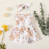 2pcs Baby Girl 100% Cotton Solid/Floral - print Sleeveless Ruffle Button Up Dress with Headband Set - MomYom PK