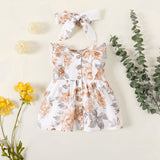 2pcs Baby Girl 100% Cotton Solid/Floral - print Sleeveless Ruffle Button Up Dress with Headband Set - MomYom PK