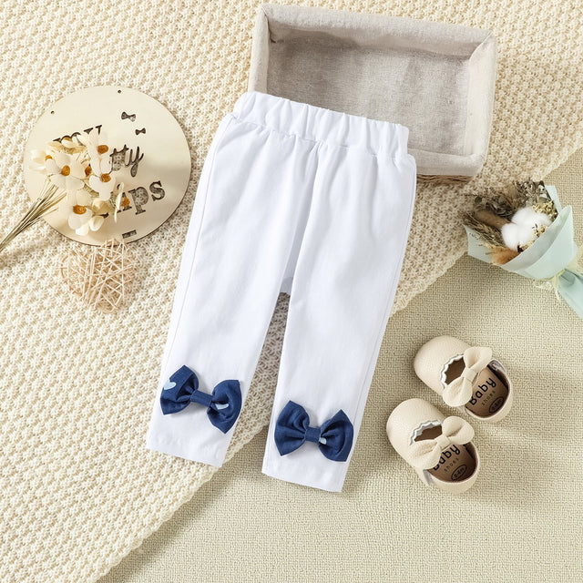 2pcs Baby Girl 95% Cotton Bowknot Decor Pants and Allover Love Heart Print Puff - sleeve Shirred Imitation Denim Top Set - MomYom PK