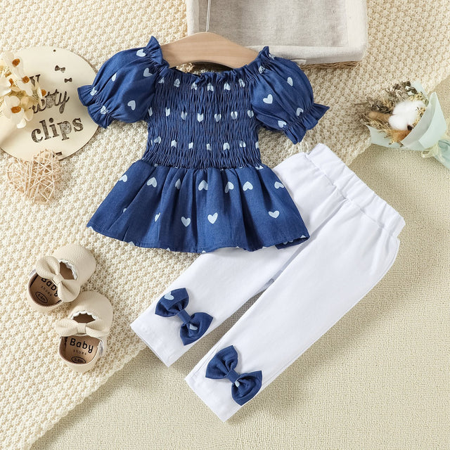 2pcs Baby Girl 95% Cotton Bowknot Decor Pants and Allover Love Heart Print Puff - sleeve Shirred Imitation Denim Top Set - MomYom PK