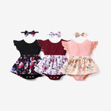 2pcs Baby Girl 95% Cotton Lace Flutter - sleeve Floral Print Romper with Headband Set - MomYom PK