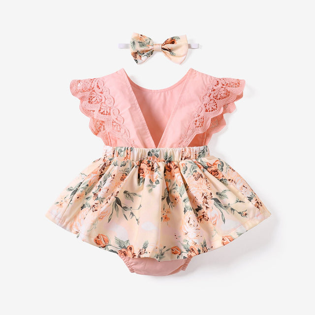 2pcs Baby Girl 95% Cotton Lace Flutter - sleeve Floral Print Romper with Headband Set - MomYom PK