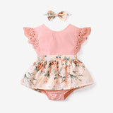 2pcs Baby Girl 95% Cotton Lace Flutter - sleeve Floral Print Romper with Headband Set - MomYom PK