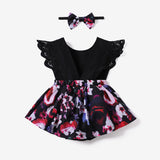 2pcs Baby Girl 95% Cotton Lace Flutter - sleeve Floral Print Romper with Headband Set - MomYom PK