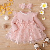 2pcs Baby Girl 95% Cotton Ribbed Long - sleeve Splicing 3D Butterfly Appliques Mesh Fairy Dress with Headband Set - MomYom PK