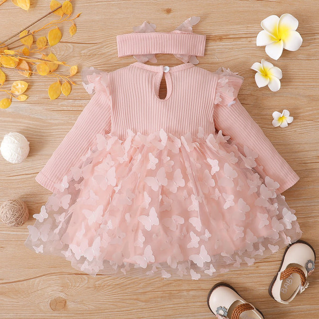 2pcs Baby Girl 95% Cotton Ribbed Long - sleeve Splicing 3D Butterfly Appliques Mesh Fairy Dress with Headband Set - MomYom PK