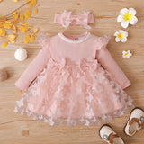 2pcs Baby Girl 95% Cotton Ribbed Long - sleeve Splicing 3D Butterfly Appliques Mesh Fairy Dress with Headband Set - MomYom PK