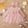 2pcs Baby Girl 95% Cotton Ribbed Long - sleeve Splicing 3D Butterfly Appliques Mesh Fairy Dress with Headband Set - MomYom PK