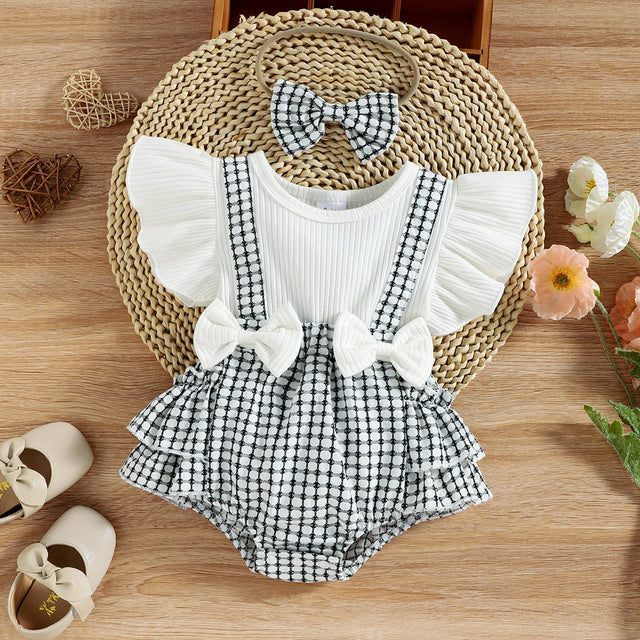 2pcs Baby Girl 95% Cotton Ribbed Ruffle - sleeve Bowknot Splicing Plaid Layered Romper with Headband Set - MomYom PK