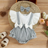 2pcs Baby Girl 95% Cotton Ribbed Ruffle - sleeve Bowknot Splicing Plaid Layered Romper with Headband Set - MomYom PK