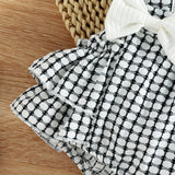 2pcs Baby Girl 95% Cotton Ribbed Ruffle - sleeve Bowknot Splicing Plaid Layered Romper with Headband Set - MomYom PK