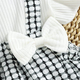 2pcs Baby Girl 95% Cotton Ribbed Ruffle - sleeve Bowknot Splicing Plaid Layered Romper with Headband Set - MomYom PK