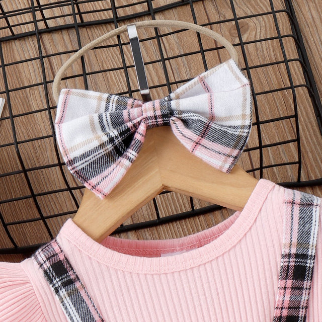 2pcs Baby Girl 95% Cotton Ribbed Ruffle Trim Bow Decor Short - sleeve Spliced Plaid Dress & Headband Set - MomYom PK