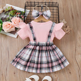 2pcs Baby Girl 95% Cotton Ribbed Ruffle Trim Bow Decor Short - sleeve Spliced Plaid Dress & Headband Set - MomYom PK