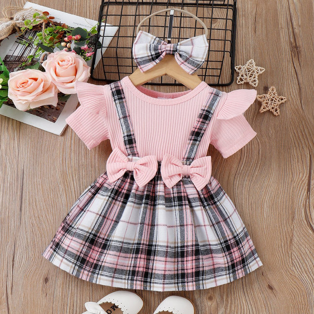 2pcs Baby Girl 95% Cotton Ribbed Ruffle Trim Bow Decor Short - sleeve Spliced Plaid Dress & Headband Set - MomYom PK