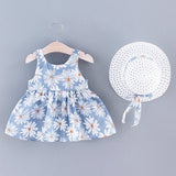 2pcs Baby Girl All Over Daisy Floral Print Bowknot Sleeveless Tank Dress with Hat Set - MomYom PK