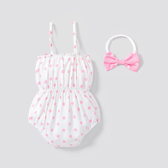 2pcs Baby Girl Allover Dots Bowknot Sleeveless Spaghetti Strap Romper with Headband Set - MomYom PK