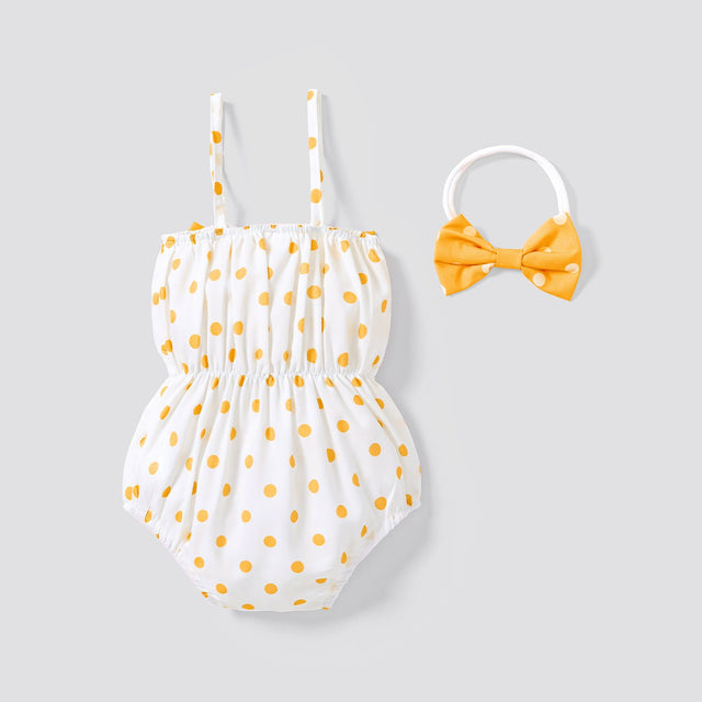 2pcs Baby Girl Allover Dots Bowknot Sleeveless Spaghetti Strap Romper with Headband Set - MomYom PK