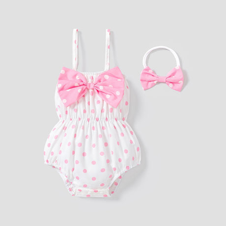 2pcs Baby Girl Allover Dots Bowknot Sleeveless Spaghetti Strap Romper with Headband Set - MomYom PK