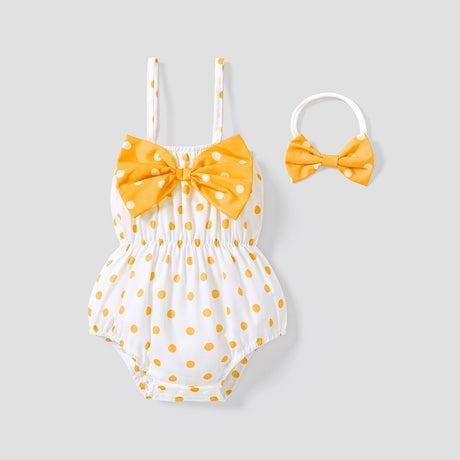 2pcs Baby Girl Allover Dots Bowknot Sleeveless Spaghetti Strap Romper with Headband Set - MomYom PK