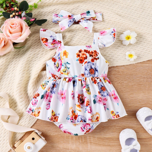 2pcs Baby Girl Allover Floral Print Flutter - sleeve Bodysuit with Headband - MomYom PK