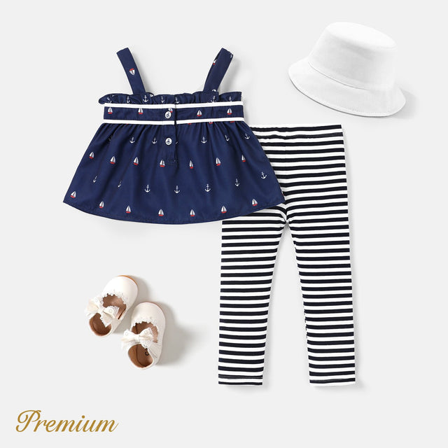 2pcs Baby Girl Anchor Sailboat Print Bow Front Cami Top and Striped Leggings Set - MomYom PK