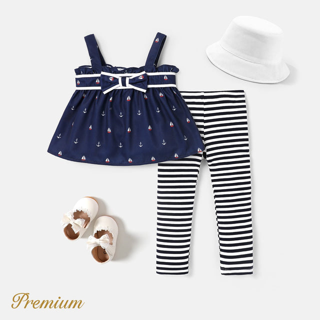 2pcs Baby Girl Anchor Sailboat Print Bow Front Cami Top and Striped Leggings Set - MomYom PK