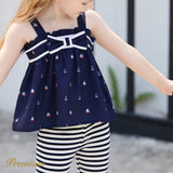 2pcs Baby Girl Anchor Sailboat Print Bow Front Cami Top and Striped Leggings Set - MomYom PK