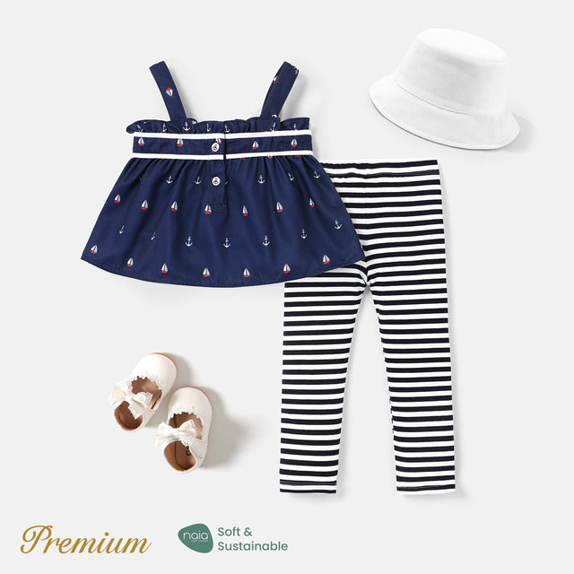 2pcs Baby Girl Anchor Sailboat Print Bow Front Cami Top and Striped Leggings Set - MomYom PK