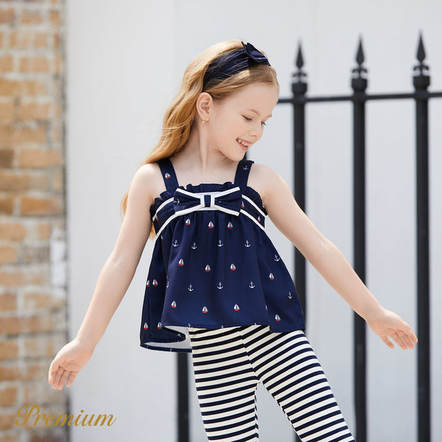 2pcs Baby Girl Anchor Sailboat Print Bow Front Cami Top and Striped Leggings Set - MomYom PK