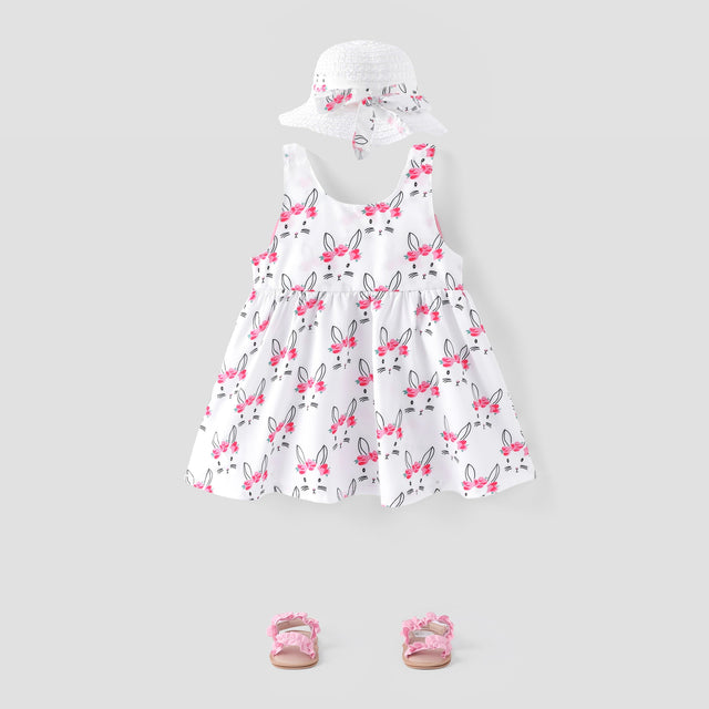 2pcs Baby Girl Bow Front Pretty Rabbit Print Tank Dress & Hat Set - MomYom PK