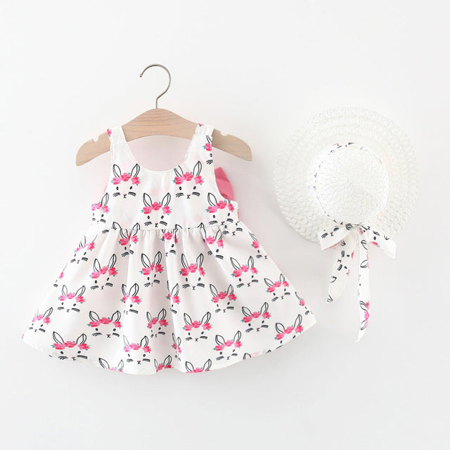 2pcs Baby Girl Bow Front Pretty Rabbit Print Tank Dress & Hat Set - MomYom PK