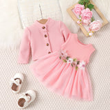 2pcs Baby Girl Buttons Front Long - sleeve Textured Jacket and Floral Decor Mesh Panel Tank Dress Set - MomYom PK