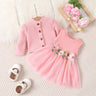 2pcs Baby Girl Buttons Front Long - sleeve Textured Jacket and Floral Decor Mesh Panel Tank Dress Set - MomYom PK