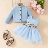 2pcs Baby Girl Buttons Front Long - sleeve Textured Jacket and Floral Decor Mesh Panel Tank Dress Set - MomYom PK