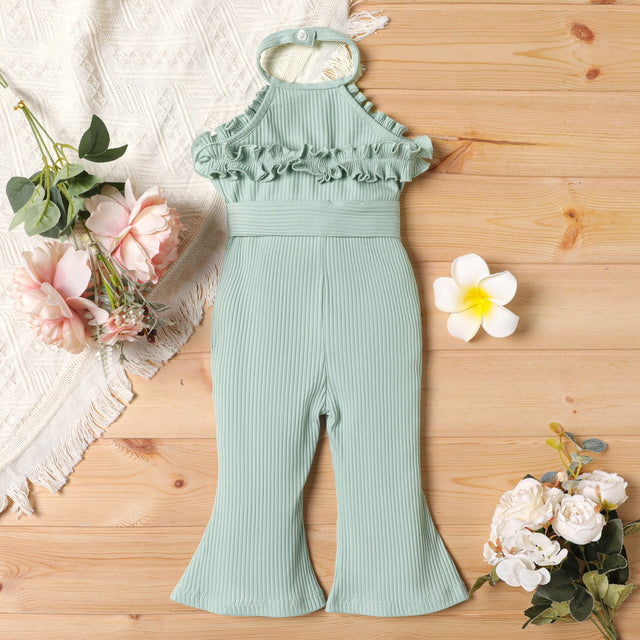 2pcs Baby Girl Cotton Ribbed Ruffle Trim Halter Sleeveless Bell Bottom Jumpsuit & Belt Set - MomYom PK