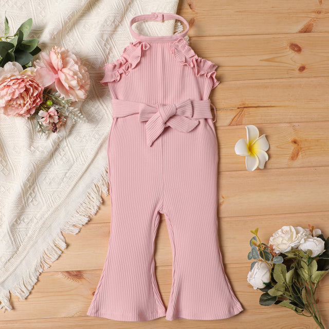 2pcs Baby Girl Cotton Ribbed Ruffle Trim Halter Sleeveless Bell Bottom Jumpsuit & Belt Set - MomYom PK