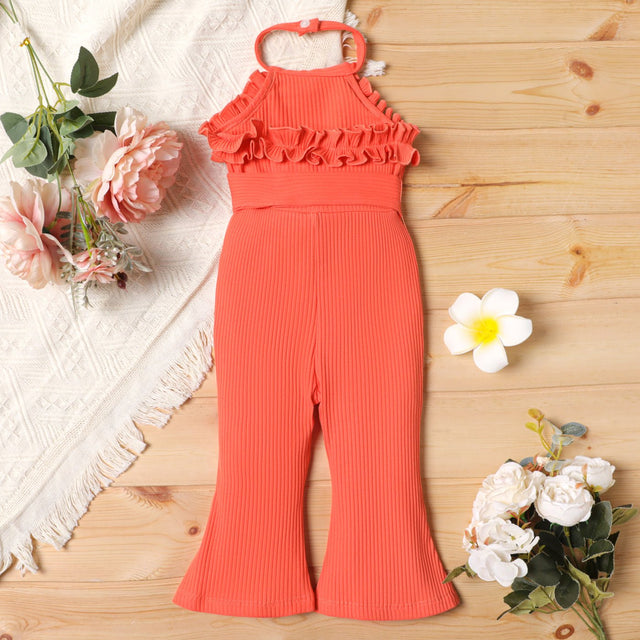 2pcs Baby Girl Cotton Ribbed Ruffle Trim Halter Sleeveless Bell Bottom Jumpsuit & Belt Set - MomYom PK