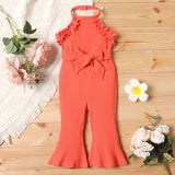 2pcs Baby Girl Cotton Ribbed Ruffle Trim Halter Sleeveless Bell Bottom Jumpsuit & Belt Set - MomYom PK