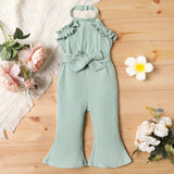 2pcs Baby Girl Cotton Ribbed Ruffle Trim Halter Sleeveless Bell Bottom Jumpsuit & Belt Set - MomYom PK