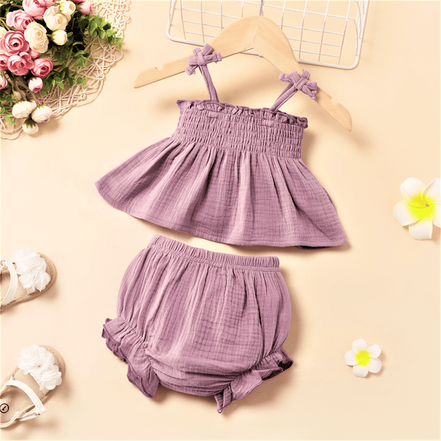 2pcs Baby Girl Cute Smocking 100% Cotton Suspenders and Short Pants Set - MomYom PK