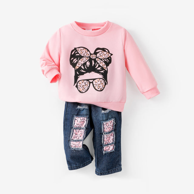 2pcs Baby Girl Figure Print Long - sleeve Sweatshirt and 100% Cotton Belted Ripped Jeans Set - MomYom PK