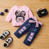 2pcs Baby Girl Figure Print Long - sleeve Sweatshirt and 100% Cotton Belted Ripped Jeans Set - MomYom PK