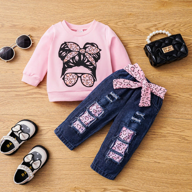 2pcs Baby Girl Figure Print Long - sleeve Sweatshirt and 100% Cotton Belted Ripped Jeans Set - MomYom PK