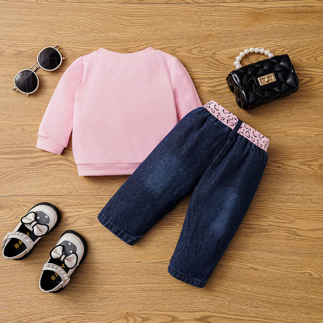 2pcs Baby Girl Figure Print Long - sleeve Sweatshirt and 100% Cotton Belted Ripped Jeans Set - MomYom PK