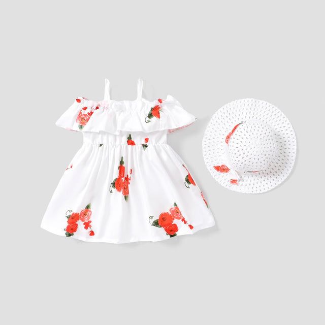 2pcs Baby Girl Floral Print Blue Sleeveless Spaghetti Strap Ruffle Dress with Hat Set - MomYom PK