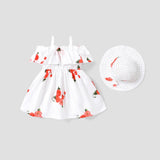 2pcs Baby Girl Floral Print Blue Sleeveless Spaghetti Strap Ruffle Dress with Hat Set - MomYom PK