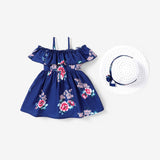 2pcs Baby Girl Floral Print Blue Sleeveless Spaghetti Strap Ruffle Dress with Hat Set - MomYom PK