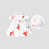 2pcs Baby Girl Floral Print Blue Sleeveless Spaghetti Strap Ruffle Dress with Hat Set - MomYom PK