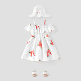 2pcs Baby Girl Floral Print Blue Sleeveless Spaghetti Strap Ruffle Dress with Hat Set - MomYom PK